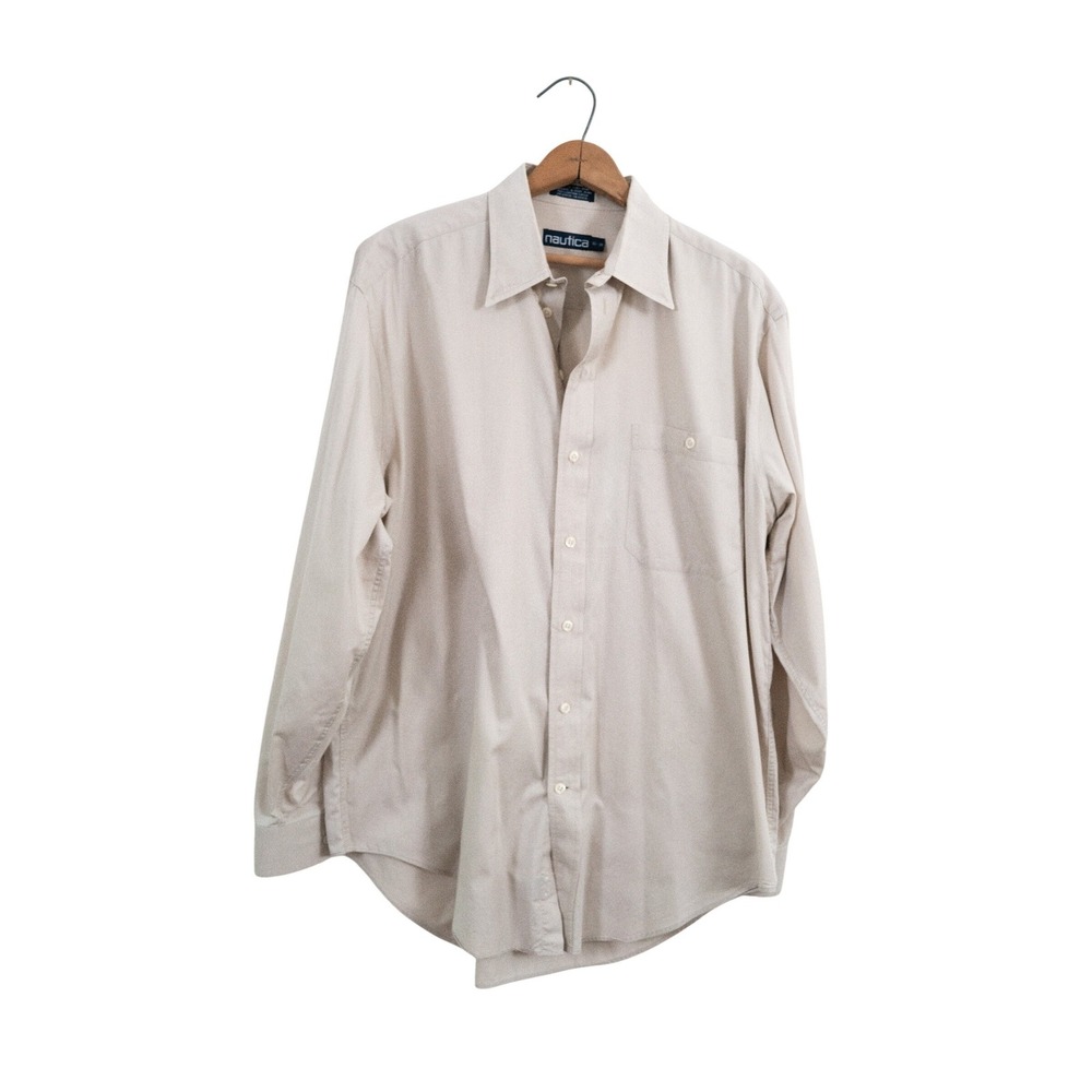 Vintage 90's Nautica Button Down Shirt Beige‎ Cotton Large